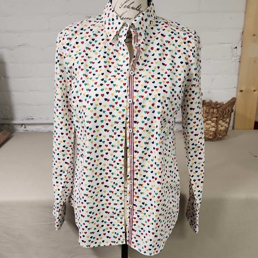 Talbots White Shirt with Multicolor Heart Print Size XS. Cotton